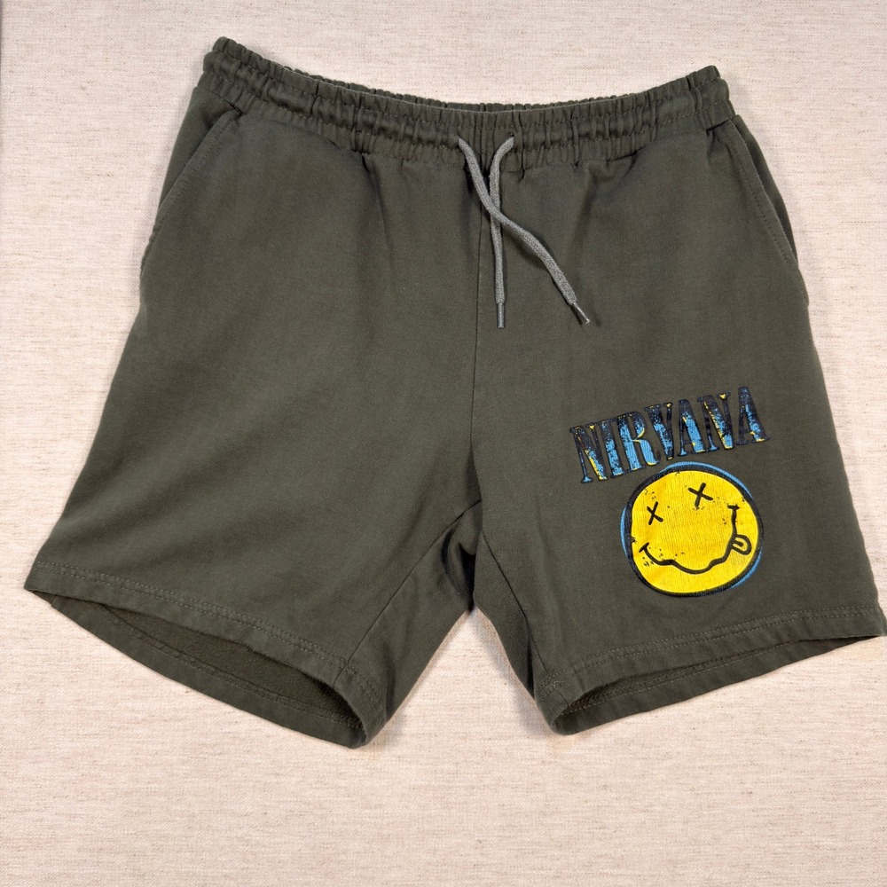 Nirvana Sweat Shorts Medium Mens Graphic Smiley Face Fleece Olive Green